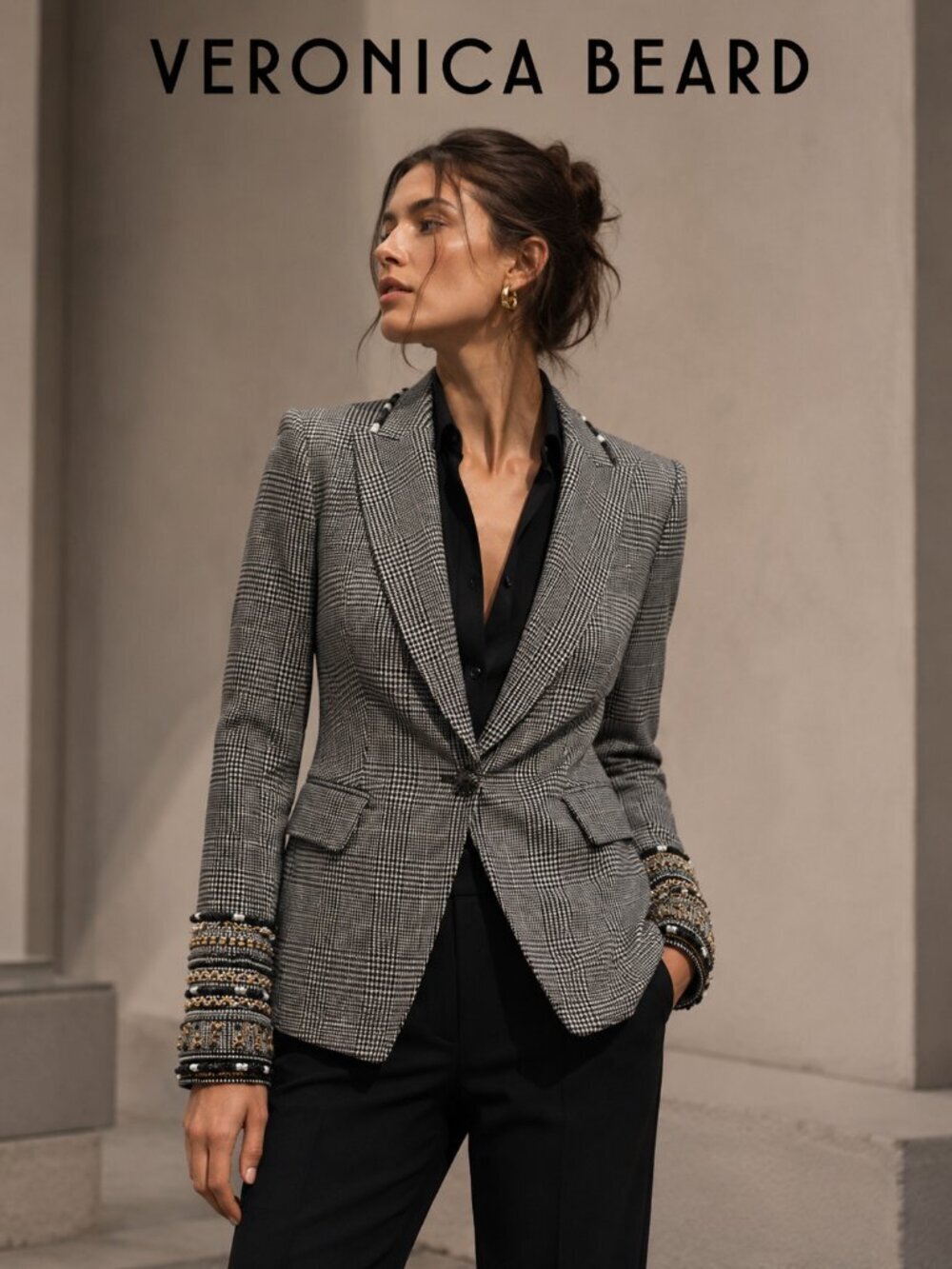 Veronica Beard Beaded Cuff Glen Plaid Linen Blend Blazer Jacket Size 00